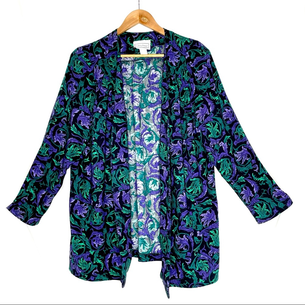 Vintage Floral Open Shirt Jacket Black Purple Grandmacore Baggy Plus‎ Size Rayon